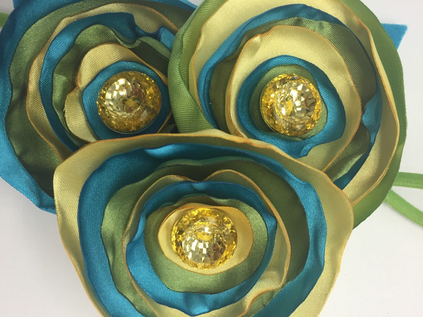 Turquoise, Apple Green and Lemon Yellow Silk Burned Edges Flower Headband