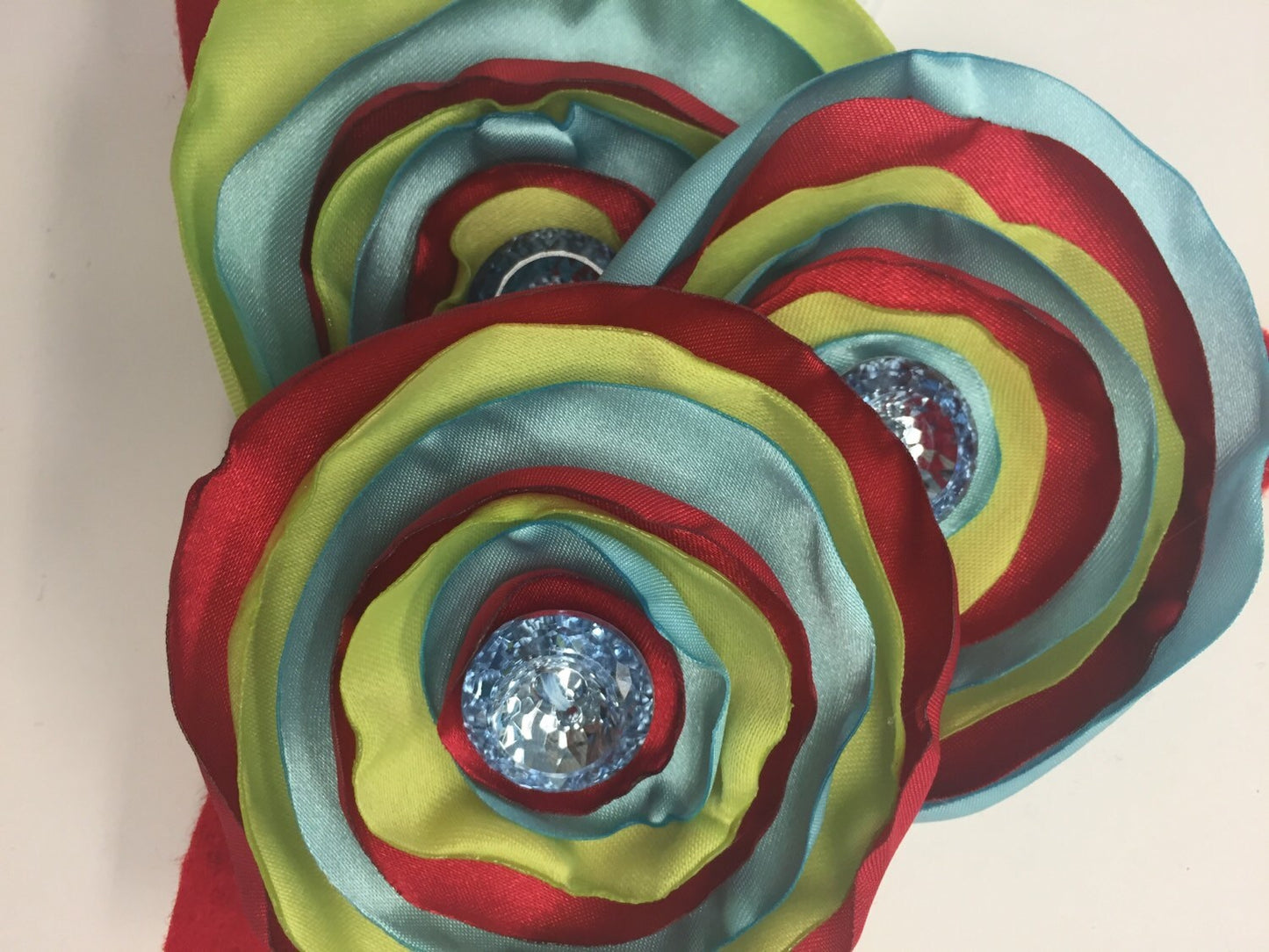 Ice Blue, Key Lime and Red Silk Burned Edges Flower Headband