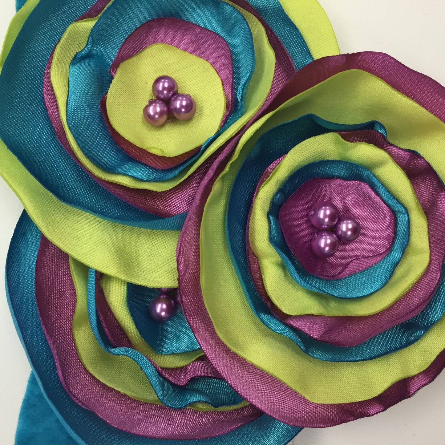 Turquoise, Key Lime and Orchid Silk Burned Edges Flower Headband