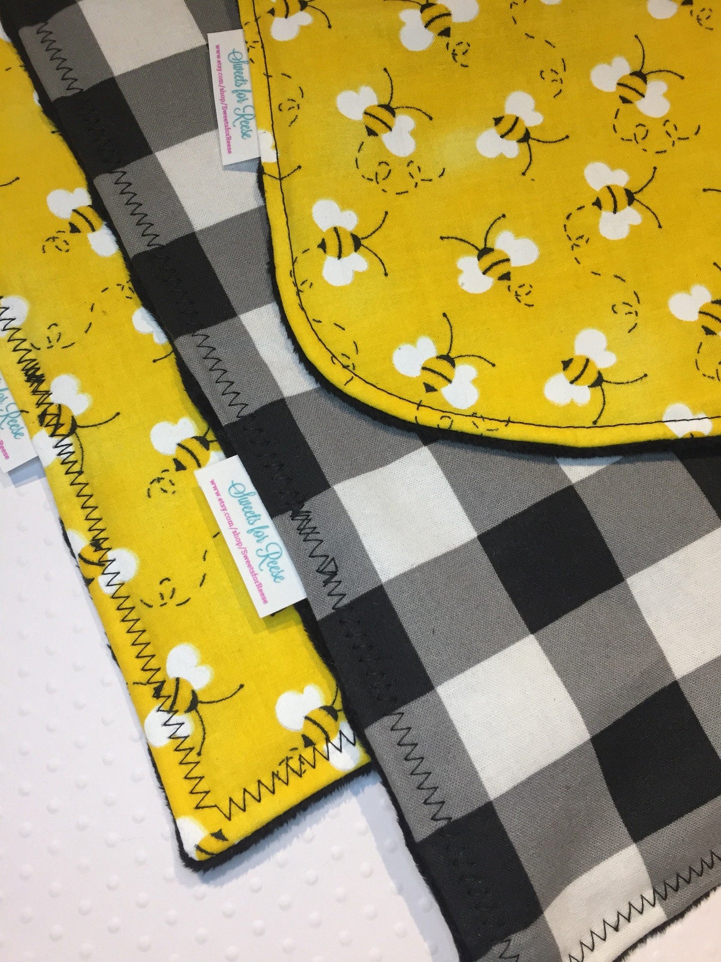 Bees and Buffalo Check Burp Cloth and Bib Set - Set of 3