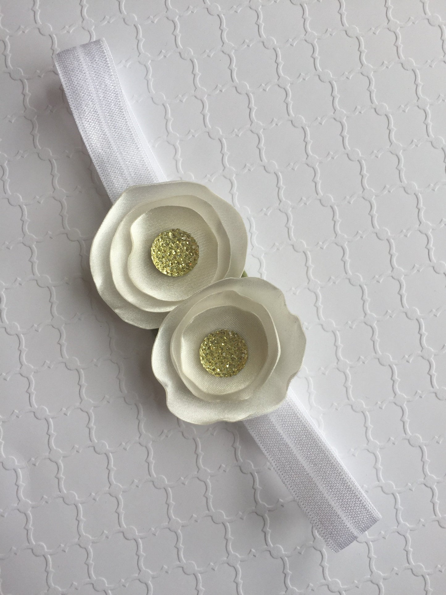 White Satin Burned Edges Two Flower Headband with Yellow Rhinestones