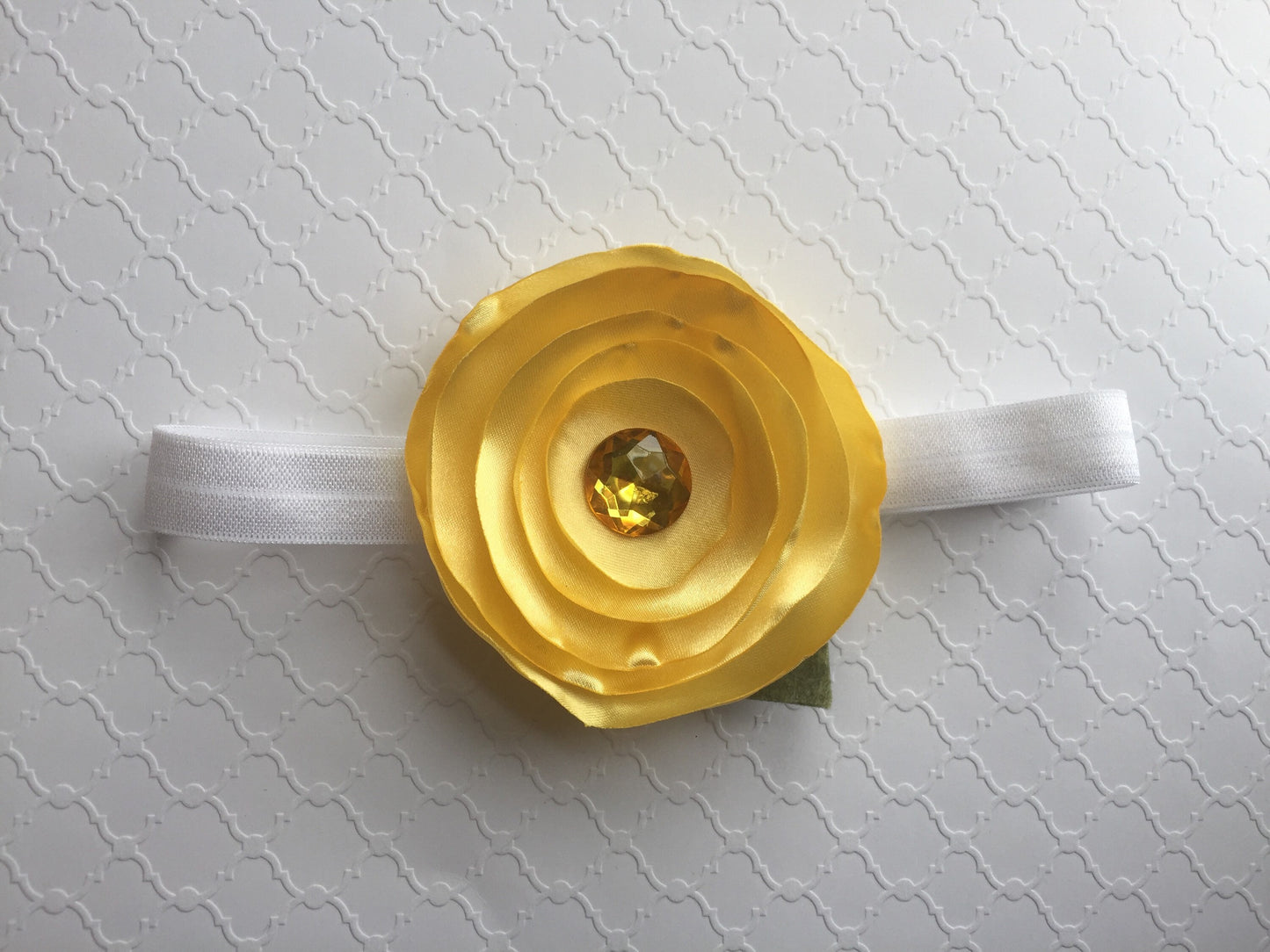 Yellow Satin Burned Edges Flower Headband with Yellow Rhinestone