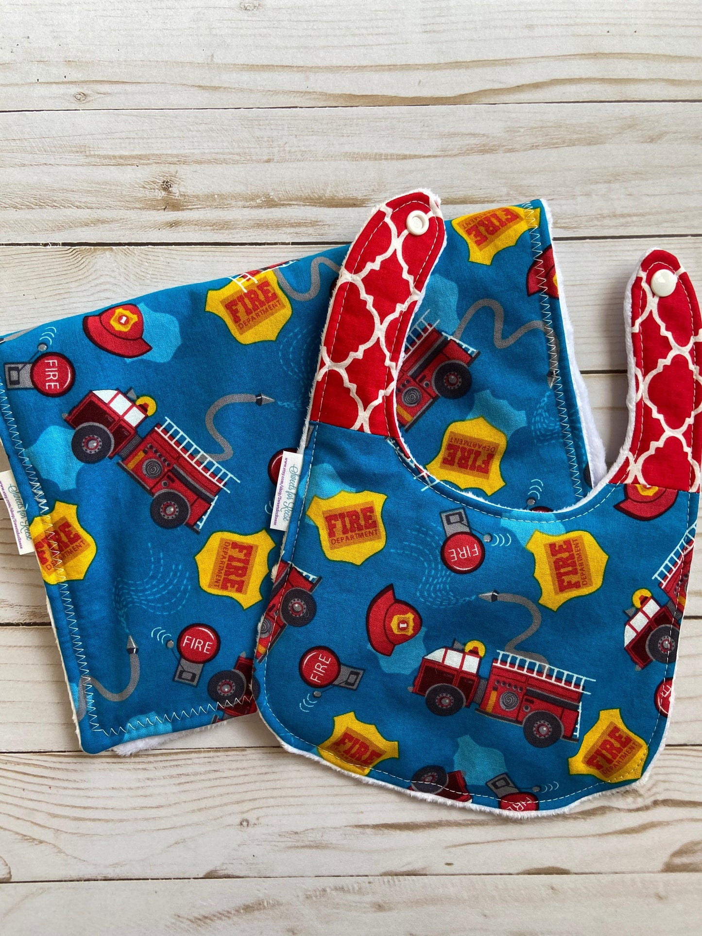 Fire trucks Fireman Burp Cloth and Bib Set