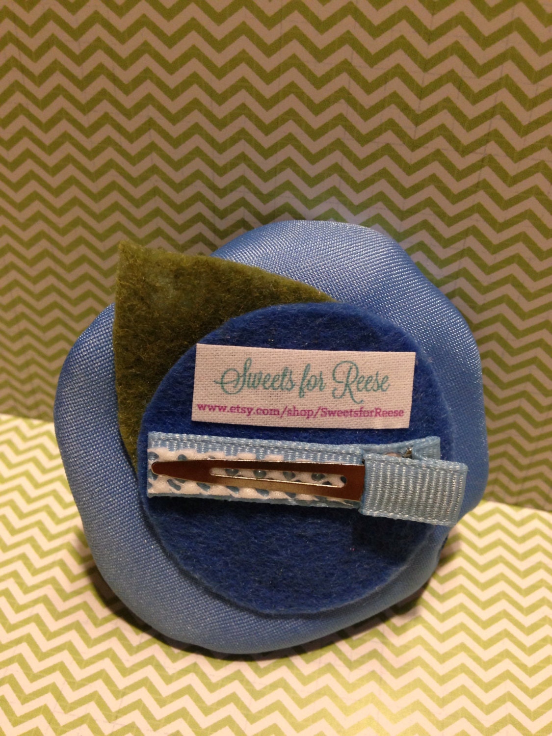 Blueberry and Ice Blue Satin Burned Edges Flower Clip with Snowflake Button