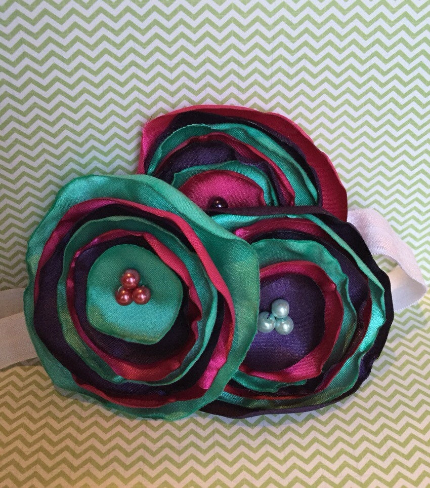 Turquoise, Eggplant and Fuchsia Silk Burned Edges Flower Headband