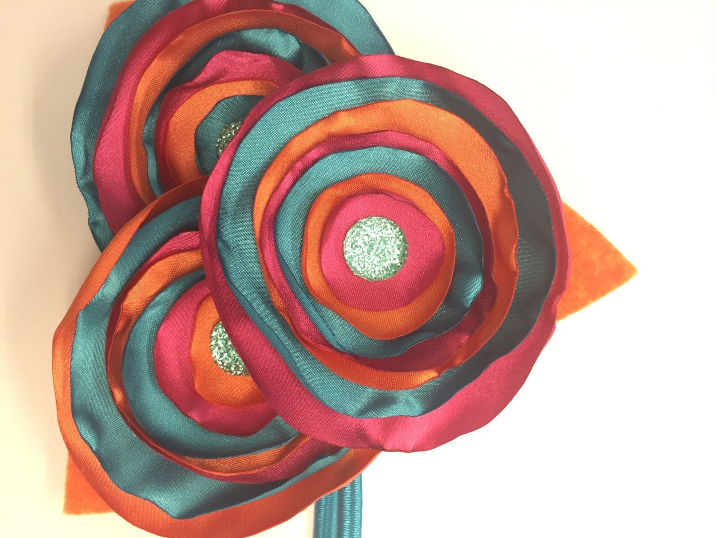 Orange, Turquoise Pink Silk Burned Edges Flower Headband