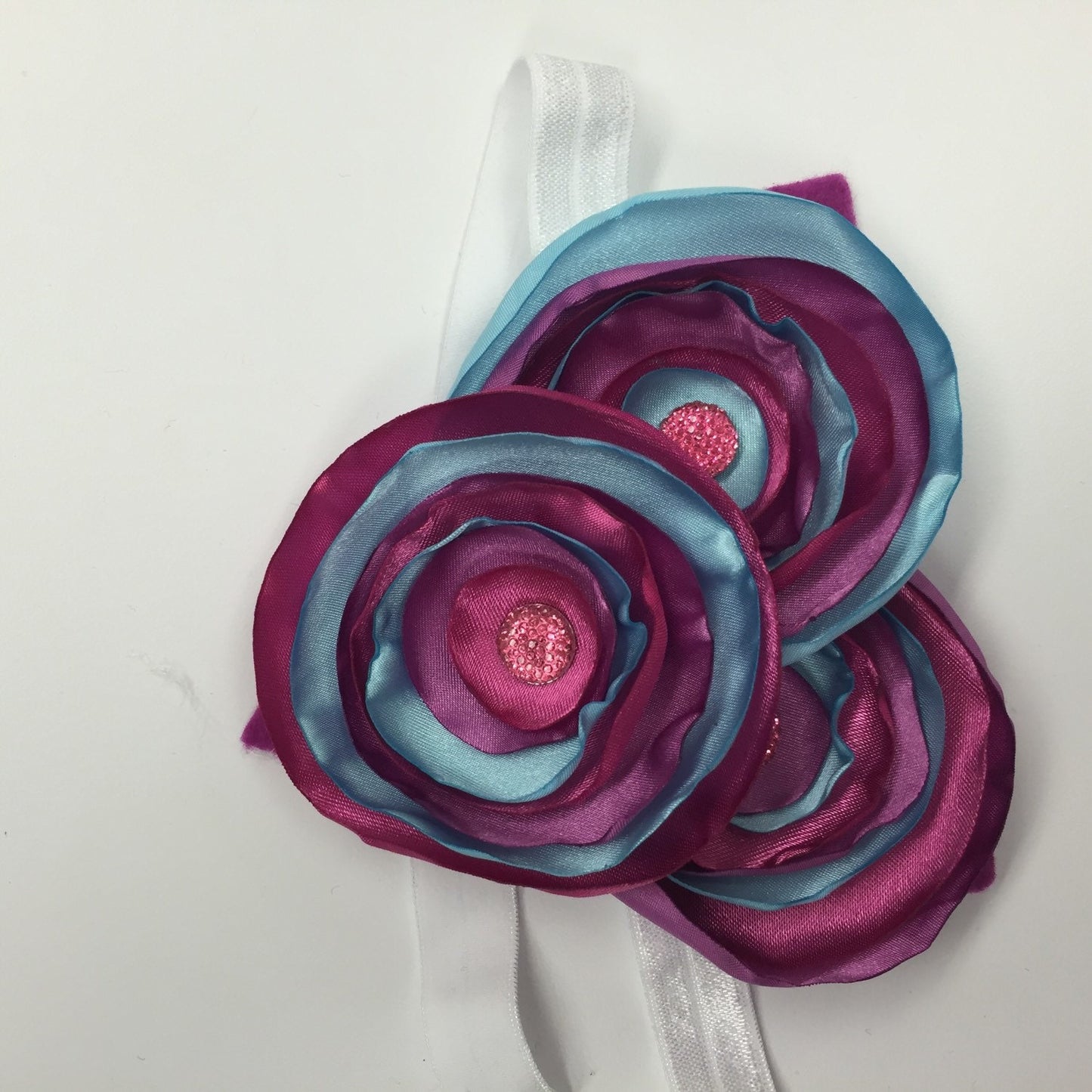 Orchid Pink and Blue Silk Burned Edges Flower Headband