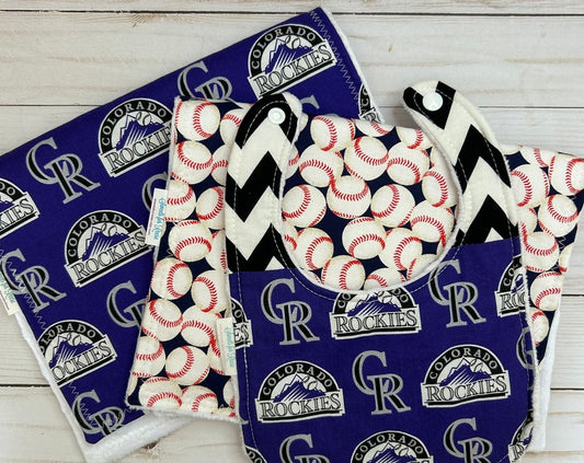 Colorado Rockies Baseball Set - 2 Burp Cloths and 1 Bib