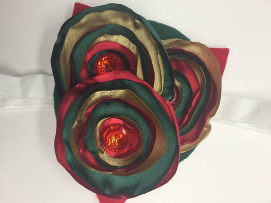 Christmas Red, green and gold Silk Burned Edges Flower Headband