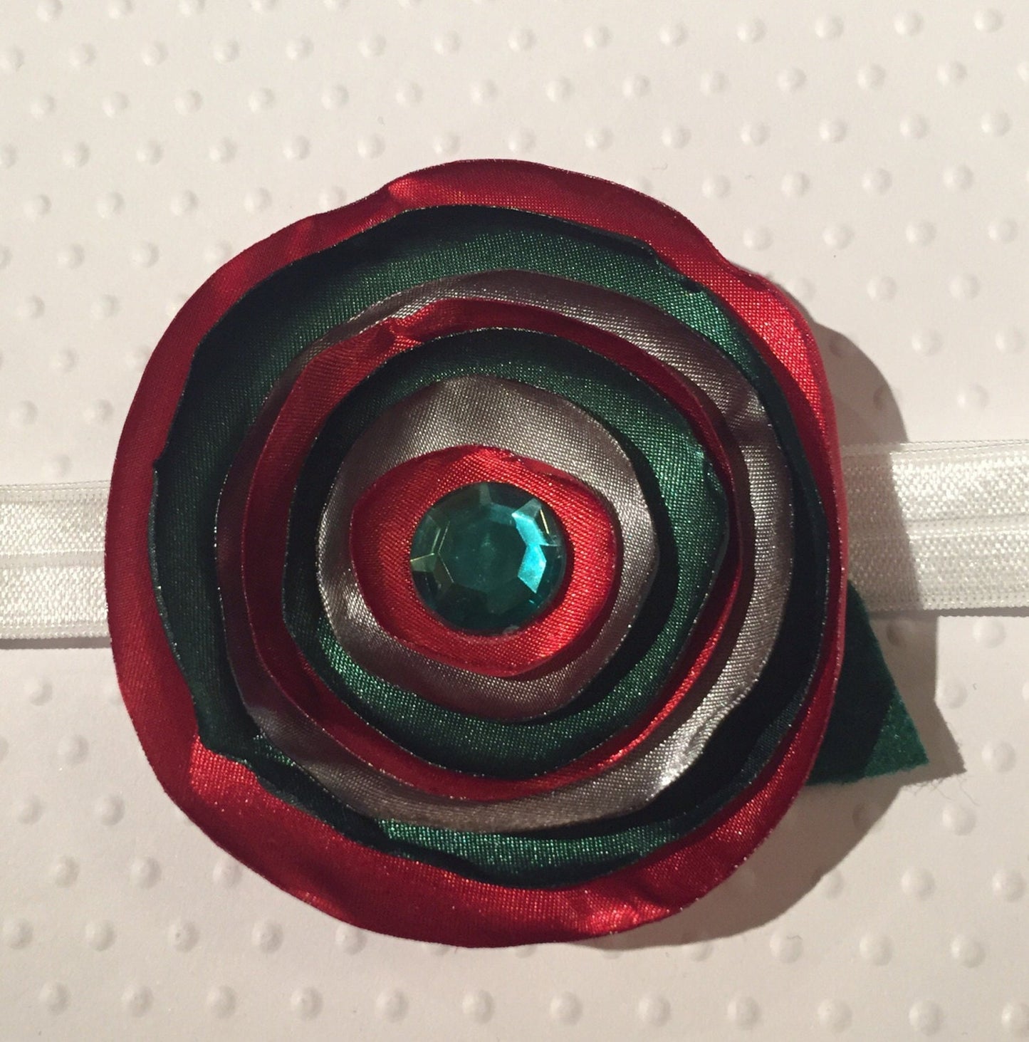 Red Green and Silver Burned Satin Flower Headband
