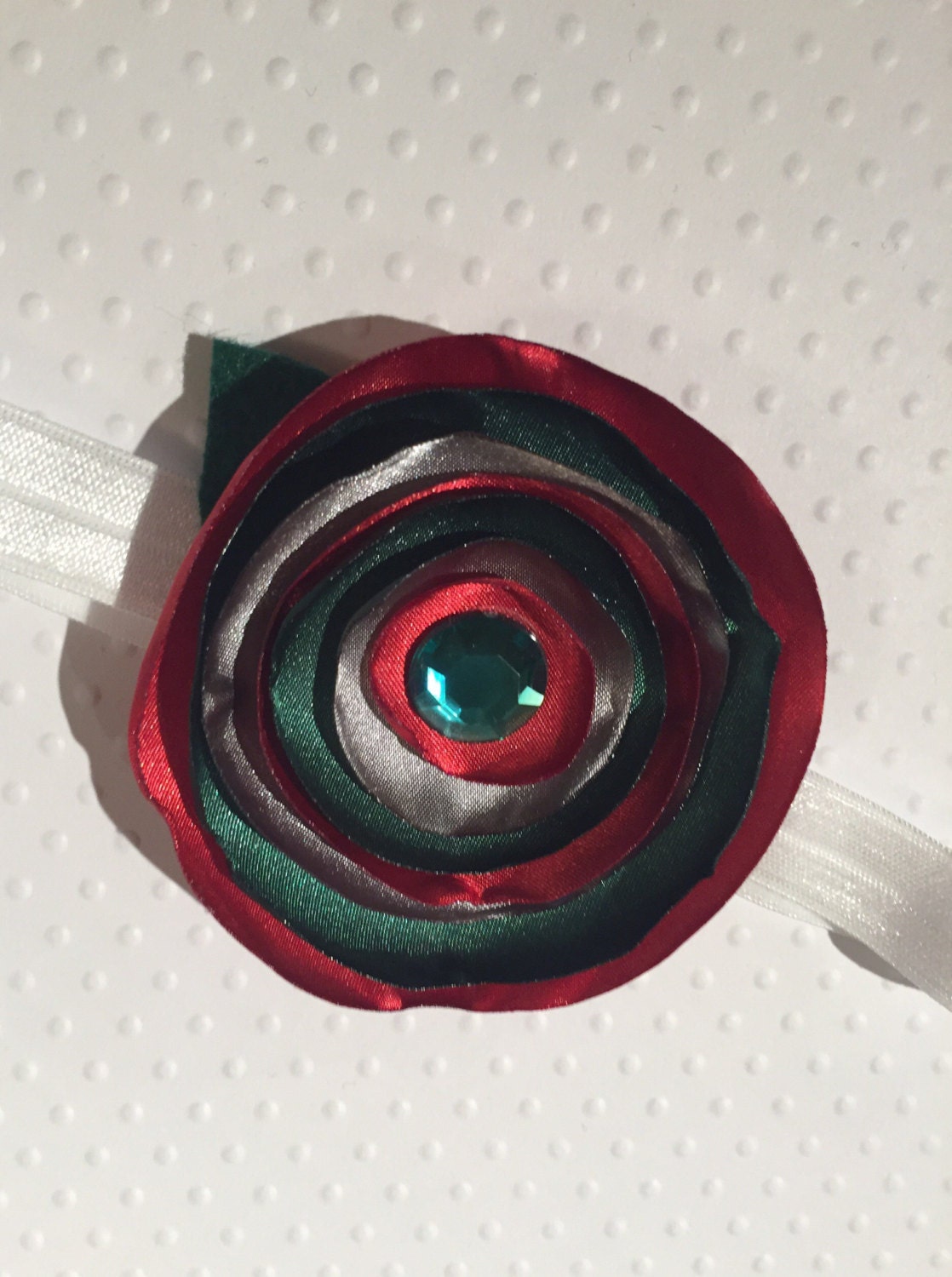 Red Green and Silver Burned Satin Flower Headband