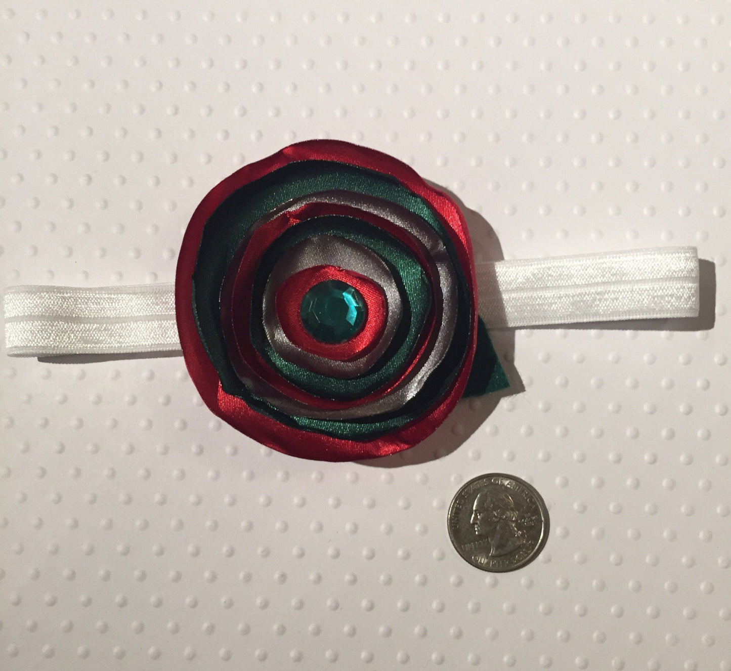 Red Green and Silver Burned Satin Flower Headband