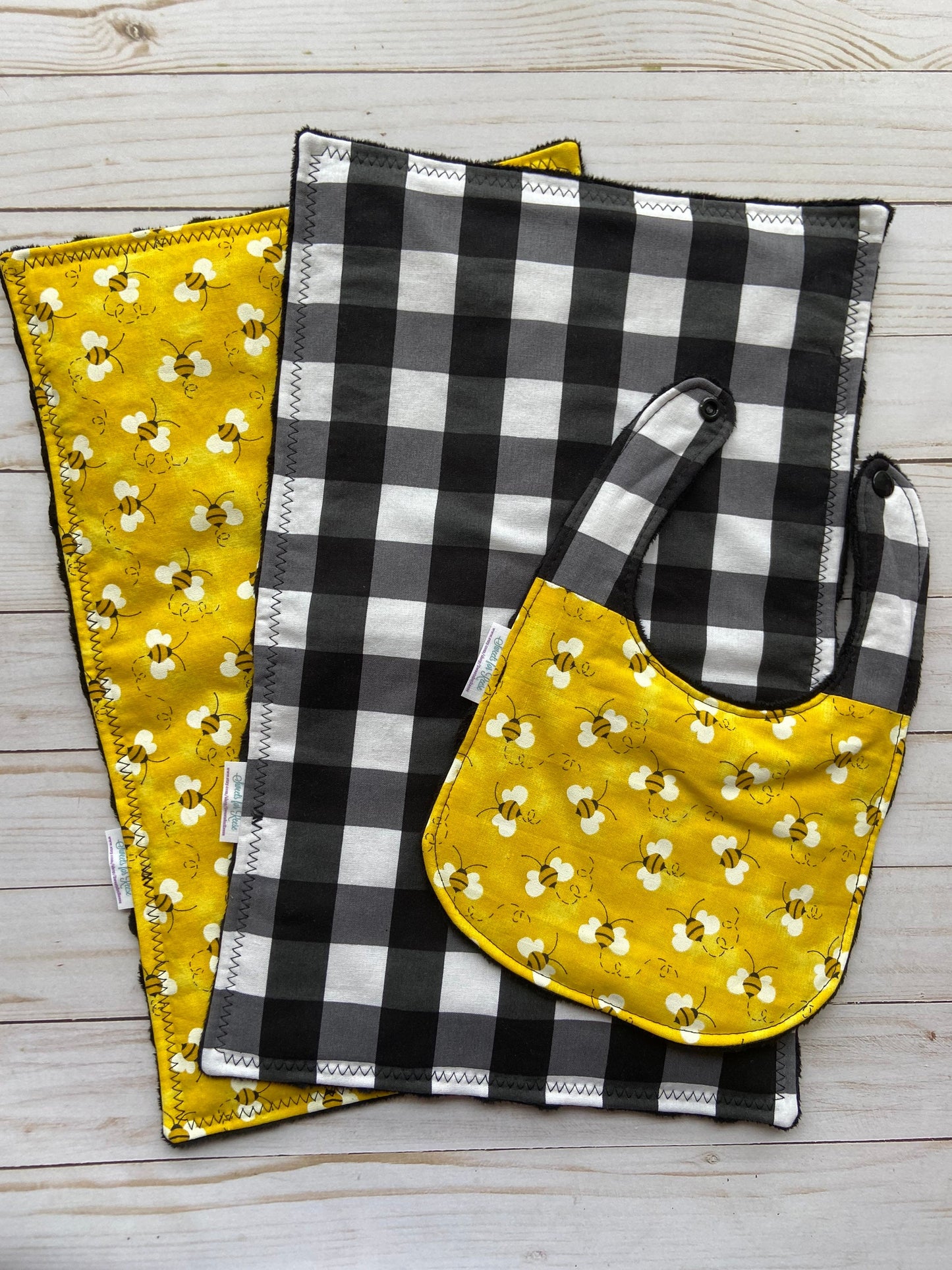 Bees and Buffalo Check Burp Cloth and Bib Set - Set of 3