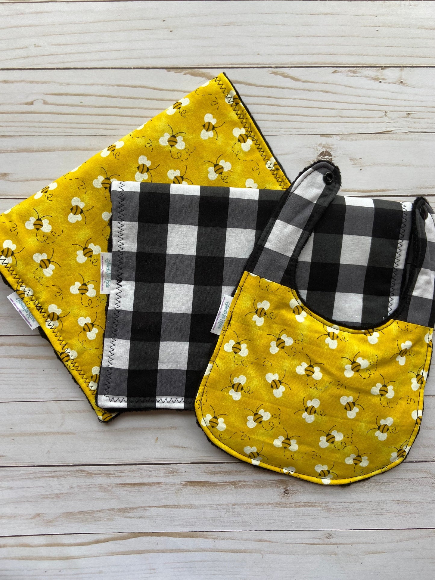 Bees and Buffalo Check Burp Cloth and Bib Set - Set of 3