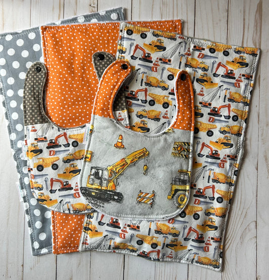 Construction Theme Burp Cloths and Bibs Set - Set of 5